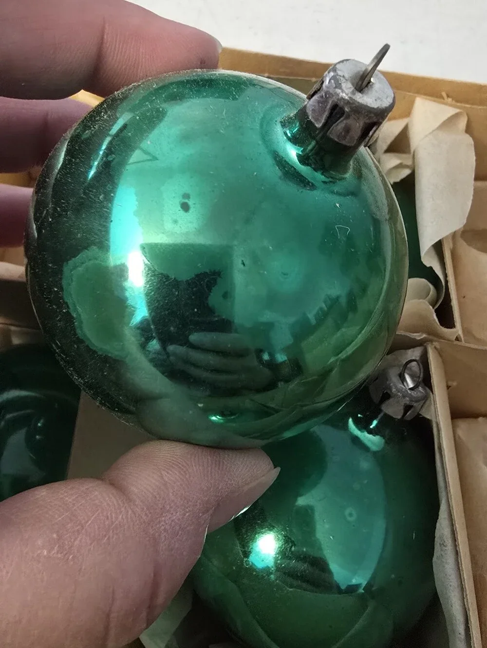Vintage  Box Of 9 Green Glass  Round Poland Christmas Tree Ornaments READ